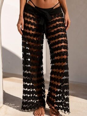 Sheer Black Crochet Stripe Wide Pants Open weave